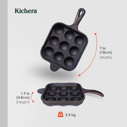Pre-seasoned Cast Iron Paniyaram Pan Square With Handle-Naturally Non-stick Kuzhi Paniyaram 9 pit