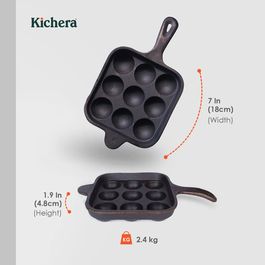 Pre-seasoned Cast Iron Paniyaram Pan Square With Handle , Naturally Non-stick Kuzhi Paniyaram 9 pit