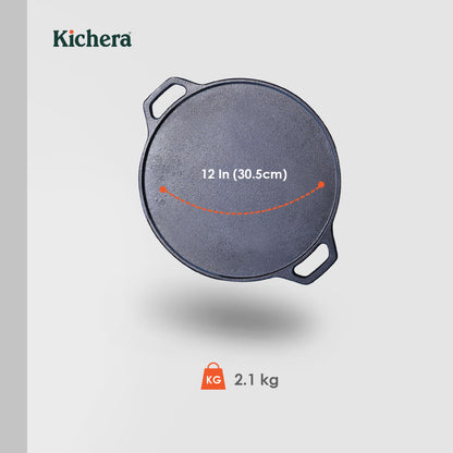 Pre-Seasoned 12 Inch Cast Iron Dosa Tawa with Double Handle, Induction Base, Naturally Non-Stick