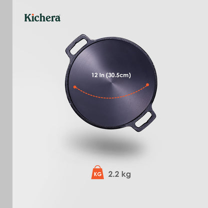 Pre-Seasoned 12 Inch Cast Iron Dosa Tawa | Induction Base, Naturally Non-Stick, Double Handle Iron Roti Tawa