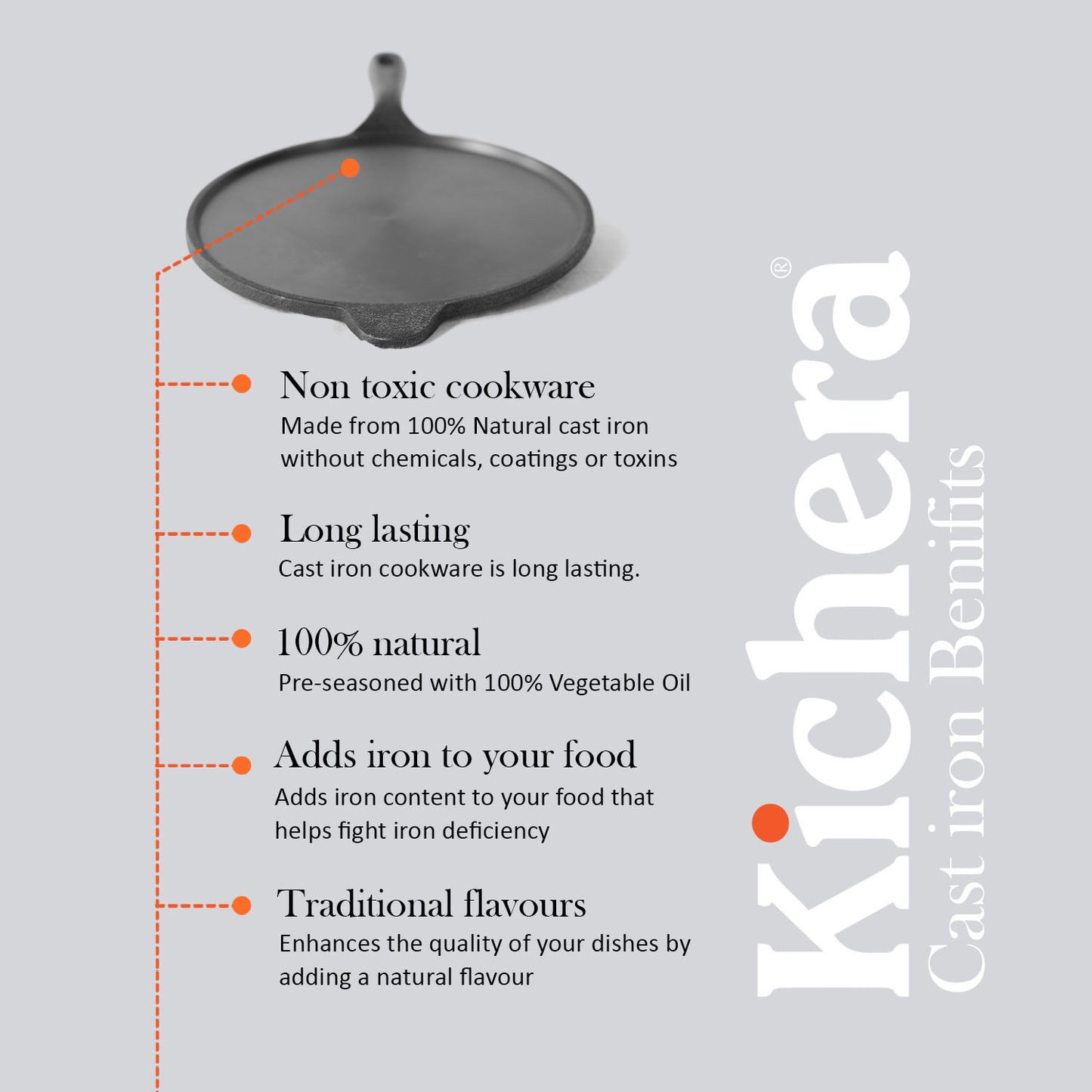 Pre-Seasoned 10 Inch Cast Iron Dosa Tawa with Long Handle, Induction Base, Naturally Non-Stick