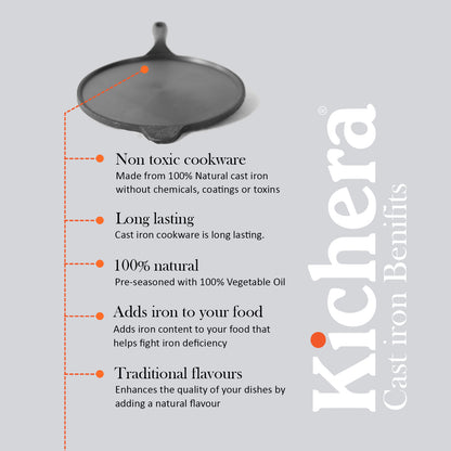 Pre-Seasoned 10 Inch Cast Iron Dosa Tawa with Long Handle, Induction Base, Naturally Non-Stick