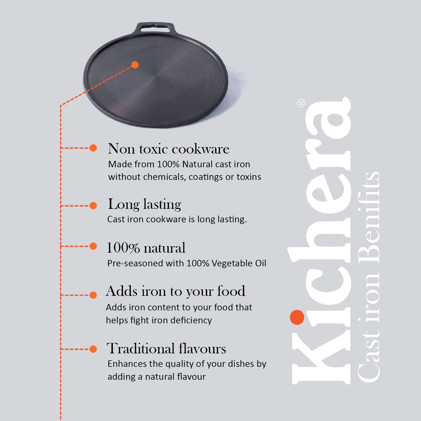 Pre-Seasoned Cast Iron Dosa Tawa | 11 Inch, Single Handle, Naturally Non-Stick & Induction Compatible