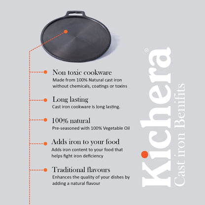 Pre-Seasoned Cast Iron Dosa Tawa | 11 Inch, Single Handle, Naturally Non-Stick & Induction Compatible