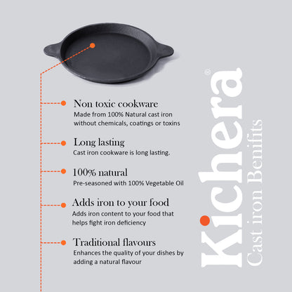 Kichera Pre-seasoned Cast Iron Fish Fry Pan – Naturally Non-Stick, Induction Base Fish Tawa | Best Non Toxic Cookware for Health