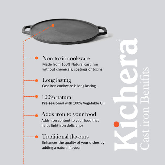 Pre-seasoned Cast Iron Dosa Tawa with Double Handle, Induction Base, Naturally Non-stick Iron Roti Tawa 12 Inch