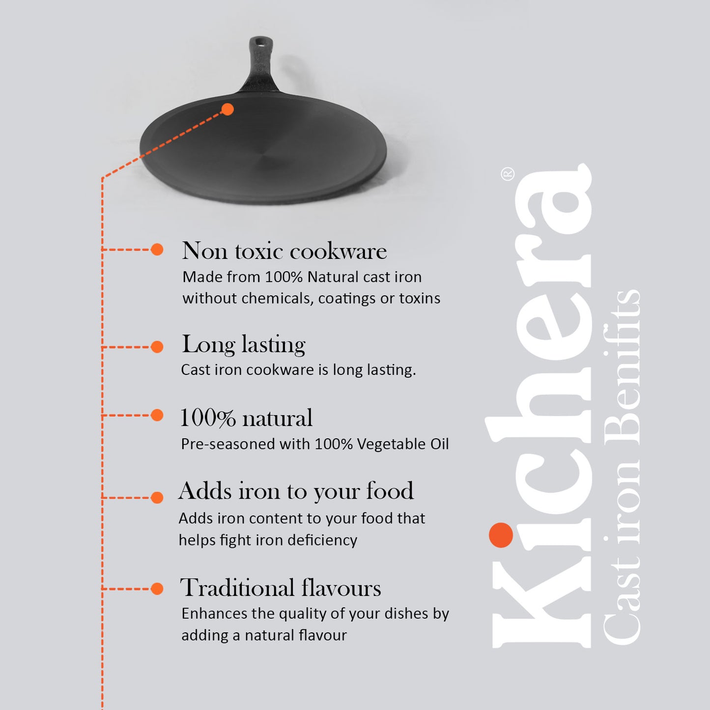 Pre-Seasoned 10 Inch Cast Iron Roti Tawa with Long Handle, Induction Base, Naturally Non-Stick