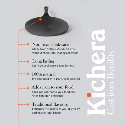 Pre-Seasoned 10 Inch Cast Iron Roti Tawa with Long Handle, Induction Base, Naturally Non-Stick