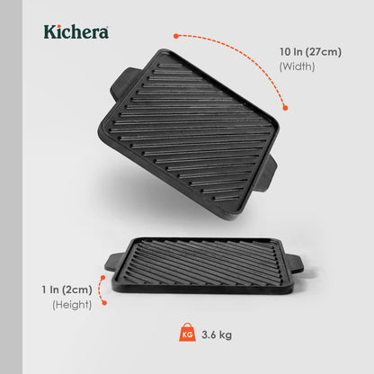 Kichera 2-in-1 Cast Iron Grill & Griddle Pan 10-Inch | Reversible Tawa for Dosa, BBQ & More | Pre-Seasoned, Non-Toxic, No Coating