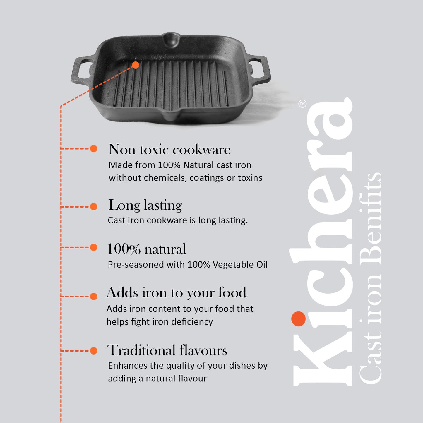 Kichera Pre-Seasoned Cast Iron Grill Pan – Induction Base, Naturally Non-Stick with Twin Handle | Best Non Toxic Cookware