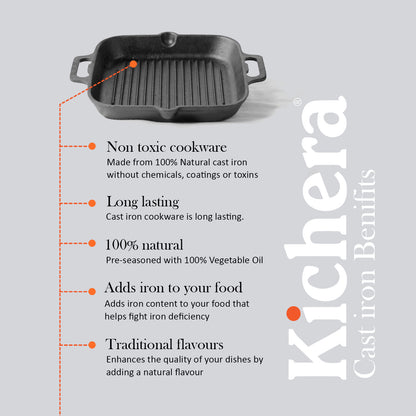 Kichera Pre-Seasoned Cast Iron Grill Pan – Induction Base, Naturally Non-Stick with Twin Handle | Best Non Toxic Cookware
