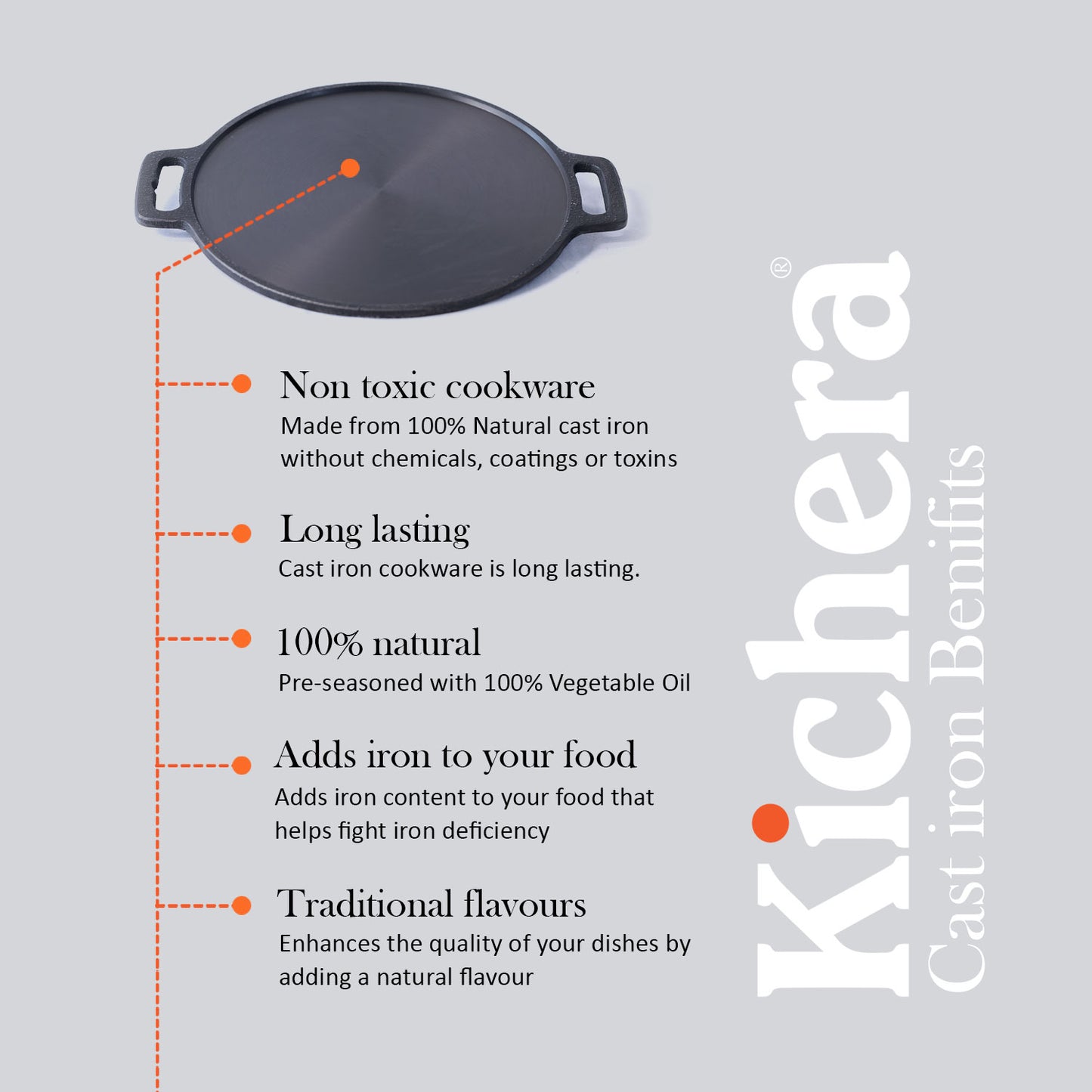 Pre-Seasoned 12 Inch Cast Iron Dosa Tawa | Induction Base, Naturally Non-Stick, Double Handle Iron Roti Tawa