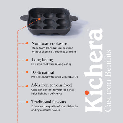 Pre-seasoned Cast Iron Paniyaram Pan Square-Naturally Non-stick Kuzhi Paniyaram 9 pit