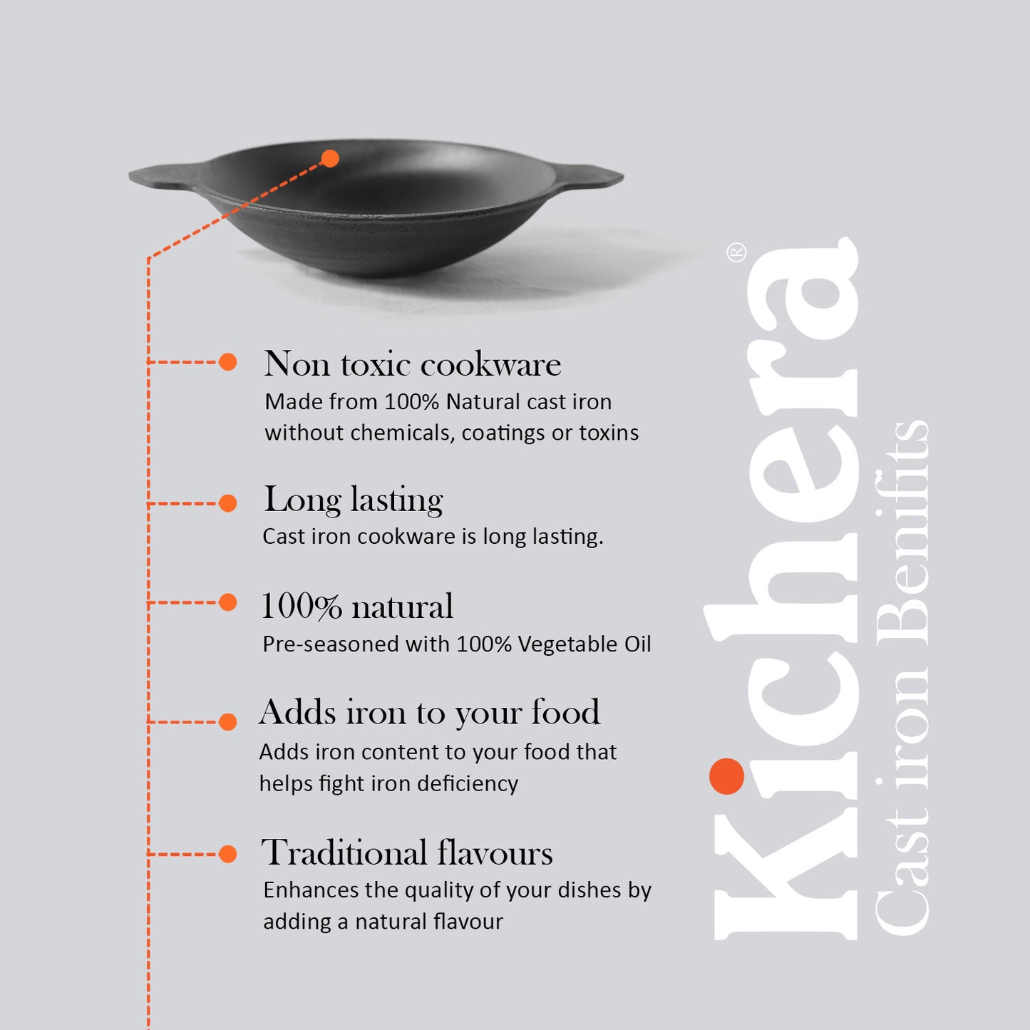 Kichera Pre-Seasoned Cast Iron Super Smooth Appam Pan | Naturally Non-Stick Appam Maker | Durable & Food-Safe Cookware
