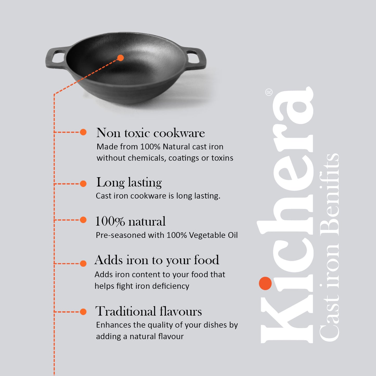 Kichera Pre-Seasoned Cast Iron Round Bottom Kadhai 10 Inch | Naturally Non-Stick & Iron-Rich Indian Cookware