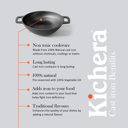 Kichera Pre-Seasoned Cast Iron Round Bottom Kadhai 10 Inch | Naturally Non-Stick & Iron-Rich Indian Cookware