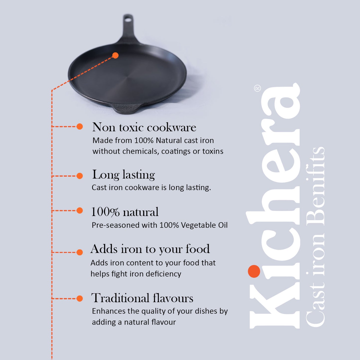 Kichera Pre-Seasoned Cast Iron Fry Pan with Long Handle | Super Smooth & Naturally Non-Stick | Induction Base Omelette & Shallow Fry Pan