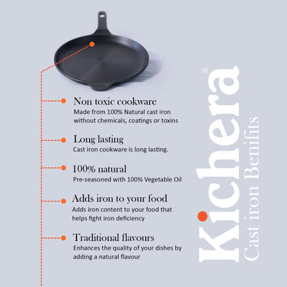 Kichera Pre-Seasoned Cast Iron Fry Pan with Long Handle | Super Smooth & Naturally Non-Stick | Induction Base Omelette & Shallow Fry Pan