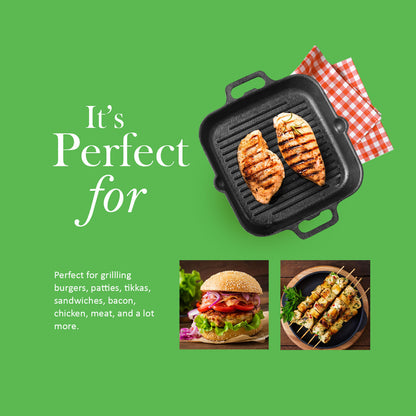 Kichera Pre-Seasoned Cast Iron Grill Pan – Induction Base, Naturally Non-Stick with Twin Handle | Best Non Toxic Cookware