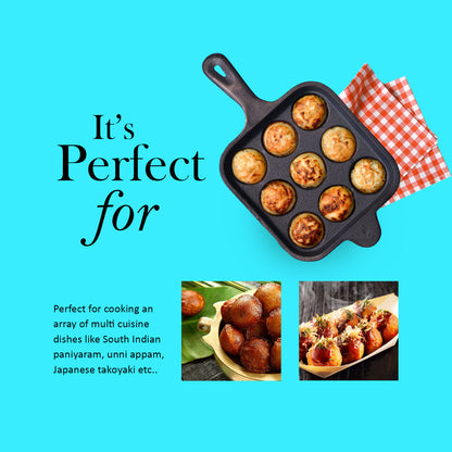 Pre-seasoned Cast Iron Paniyaram Pan Square With Handle-Naturally Non-stick Kuzhi Paniyaram 9 pit