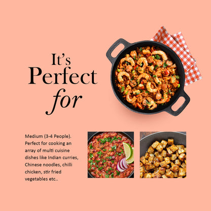 Kichera Pre-Seasoned Cast Iron Round Bottom Kadhai 10 Inch | Naturally Non-Stick & Iron-Rich Indian Cookware