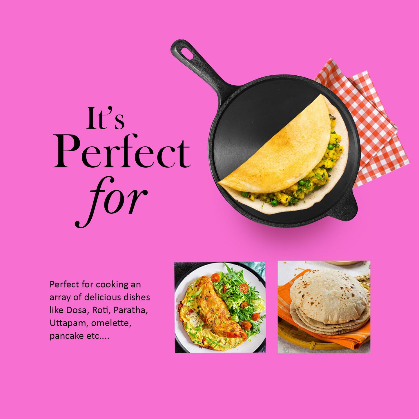 Pre-Seasoned 10 Inch Cast Iron Dosa Tawa with Long Handle, Induction Base, Naturally Non-Stick