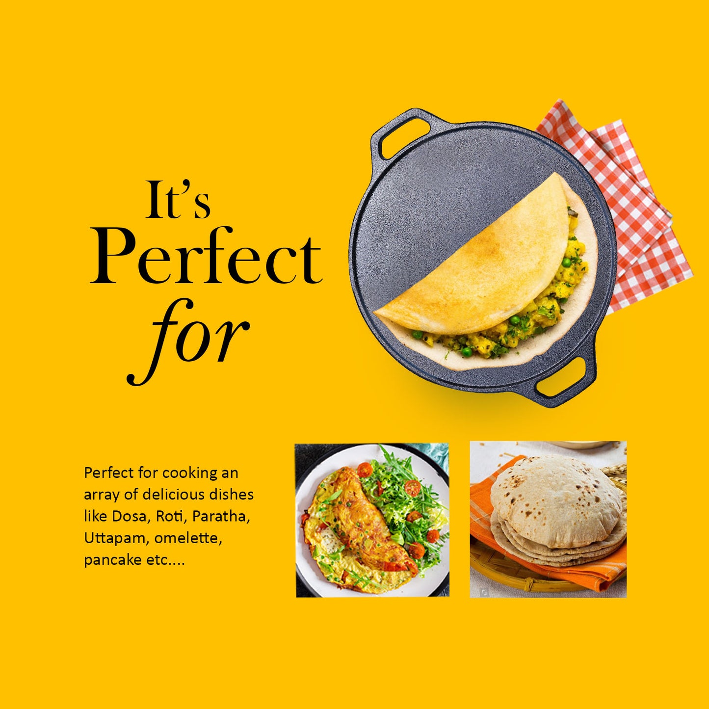 Pre-Seasoned 12 Inch Cast Iron Dosa Tawa with Double Handle, Induction Base, Naturally Non-Stick