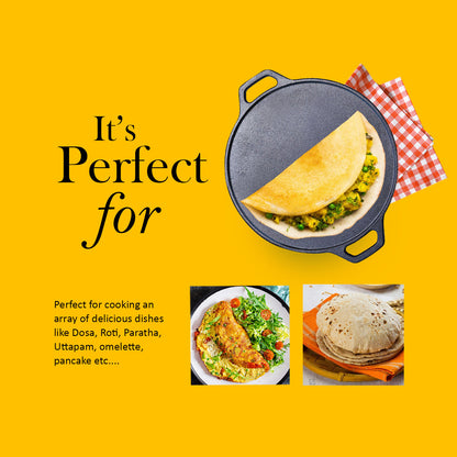 Pre-Seasoned 12 Inch Cast Iron Dosa Tawa with Double Handle, Induction Base, Naturally Non-Stick