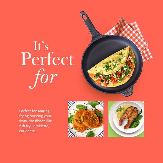 Pre-seasoned Cast Iron Super Smooth shallow fry pan with Long Handle, Naturally Non-stick , Induction Base omelette pan