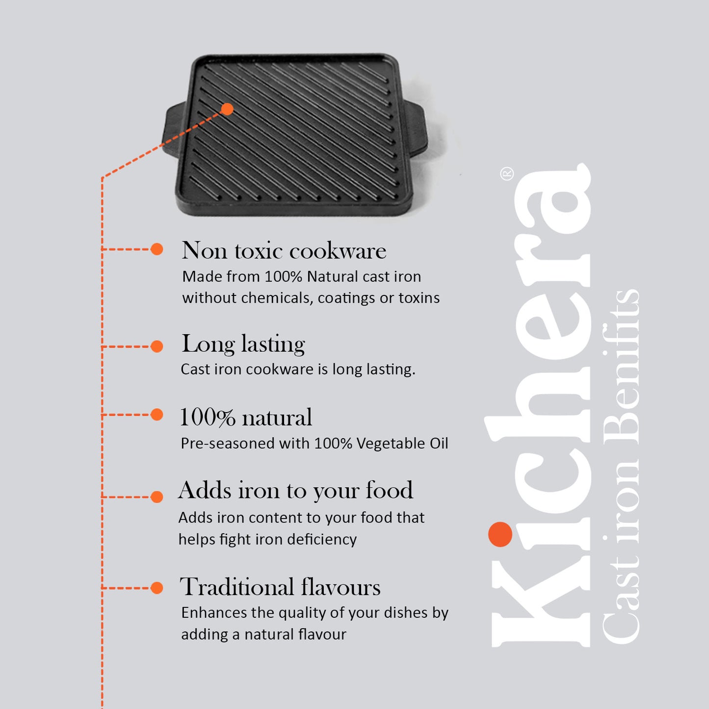 Kichera 2-in-1 Cast Iron Grill & Griddle Pan 10-Inch | Reversible Tawa for Dosa, BBQ & More | Pre-Seasoned, Non-Toxic, No Coating