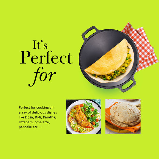 Pre-seasoned Cast Iron Super Smooth Dosa Tawa , Induction Base, Naturally Non-stick Iron Roti Tawa 12 Inch