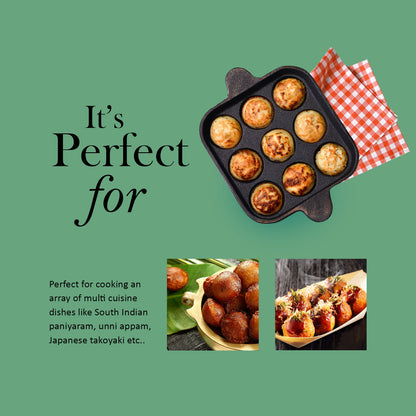 Pre-seasoned Cast Iron Paniyaram Pan Square-Naturally Non-stick Kuzhi Paniyaram 9 pit