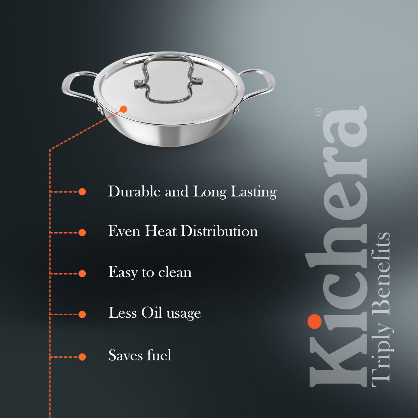 Kichera Triply Stainless Steel Kadai with Lid | Non Toxic Cookware | Best Cookware for Health | Induction & Gas Compatible