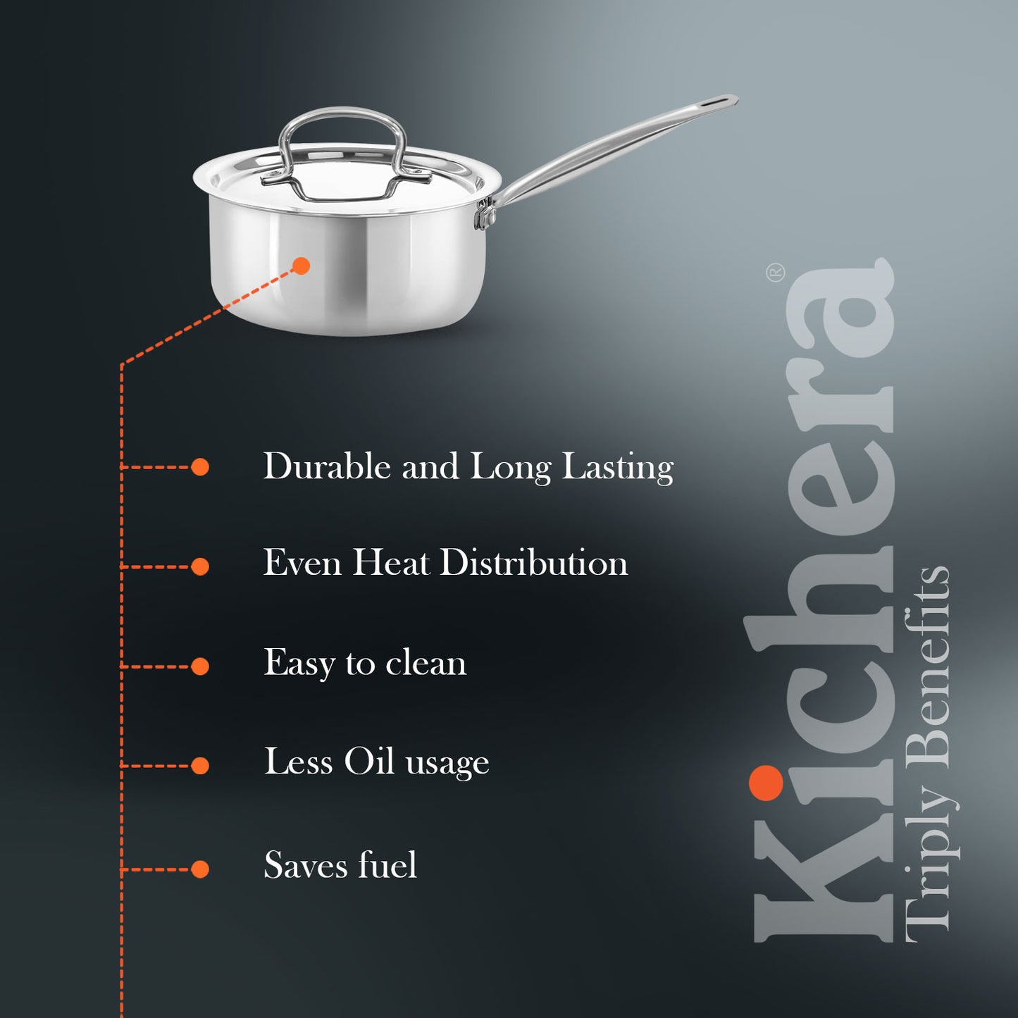 Triply Stainless Steel Saucepan Tube Handle with Lid | Kichera Natural Non Toxic Cookware | Even Heating | Safe for All Stoves