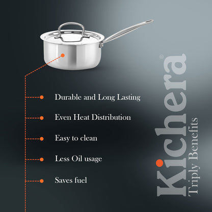 Triply Stainless Steel Saucepan Tube Handle with Lid | Kichera Natural Non Toxic Cookware | Even Heating | Safe for All Stoves
