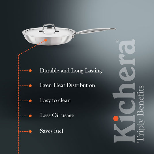 Kichera Triply Stainless Steel Fry Pan Tube Handle with Lid | Non Toxic Cookware | Best Cookware for Health | Induction & Gas Compatible