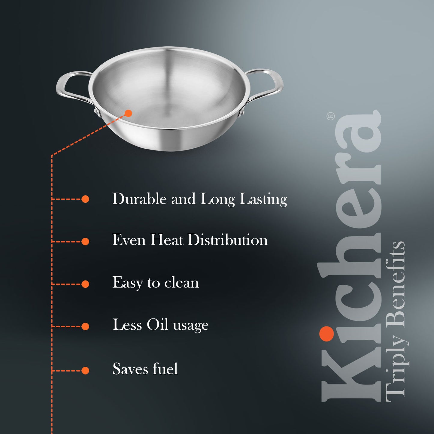 Kichera Triply Stainless Steel Kadai Without Lid | Non Toxic Cookware | Best Cookware for Health | Induction & Gas Compatible