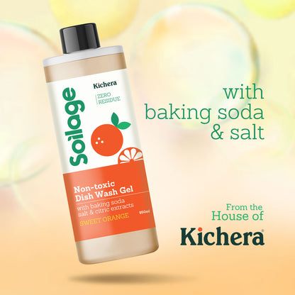 Soilage Natural Dishwash Liquid Gel 950ml | Sweet Orange | Best Non-Toxic Dish Soap for Health | Eco-Friendly, Plant-Based, Safe for Baby & Pet Bowls