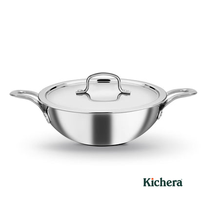 Kichera Triply Stainless Steel Kadai with Lid | Non Toxic Cookware | Best Cookware for Health | Induction & Gas Compatible