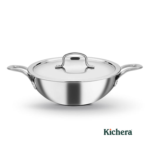 Kichera Triply Stainless Steel Kadai with Lid | Non Toxic Cookware | Best Cookware for Health | Induction & Gas Compatible