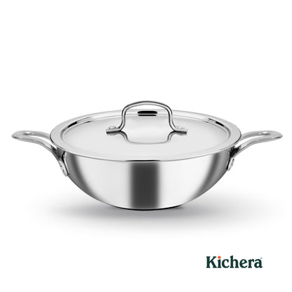 Kichera Triply Stainless Steel Kadai with Lid | Non Toxic Cookware | Best Cookware for Health | Induction & Gas Compatible
