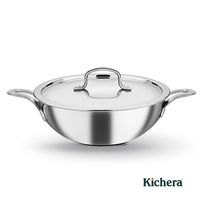 Kichera Triply Stainless Steel Kadai with Lid | Non Toxic Cookware | Best Cookware for Health | Induction & Gas Compatible