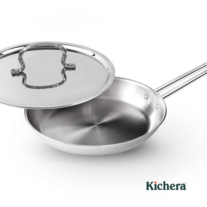 Kichera Triply Stainless Steel Fry Pan with Lid | Non Toxic Cookware | Best Cookware for Health | Induction & Gas Compatible