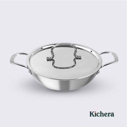 Kichera Triply Stainless Steel Kadai with Lid | Non Toxic Cookware | Best Cookware for Health | Induction & Gas Compatible