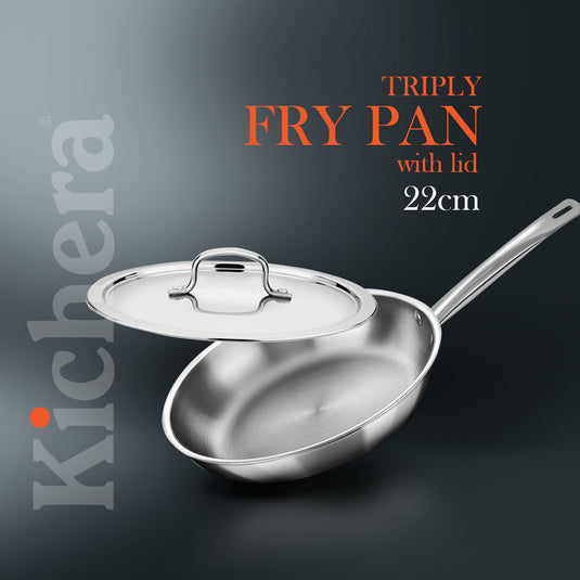 Kichera Triply Stainless Steel Fry Pan Tube Handle with Lid | Non Toxic Cookware | Best Cookware for Health | Induction & Gas Compatible