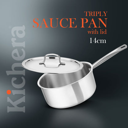 Triply Stainless Steel Saucepan Tube Handle with Lid | Kichera Natural Non Toxic Cookware | Even Heating | Safe for All Stoves