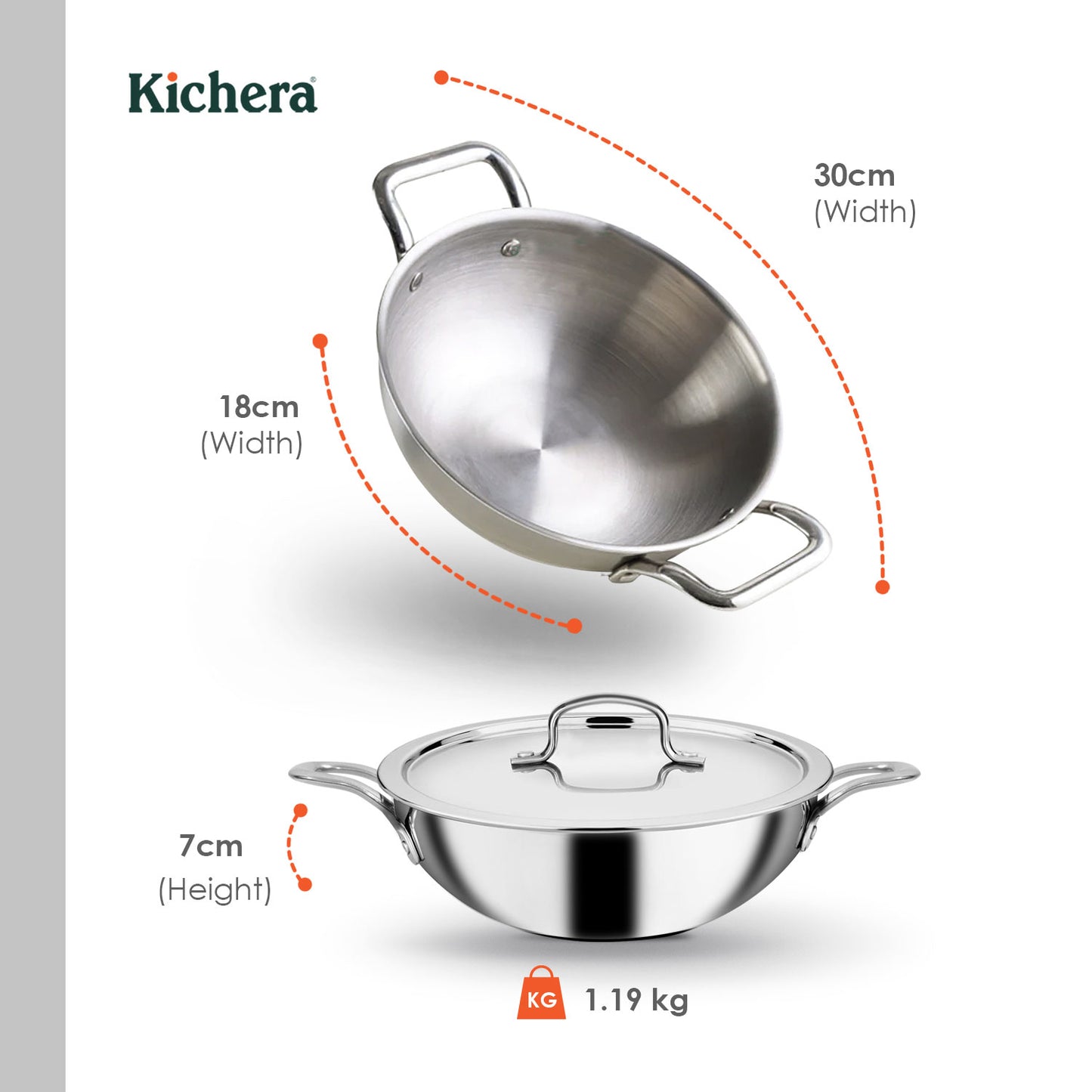 Kichera Triply Stainless Steel Kadai with Lid | Non Toxic Cookware | Best Cookware for Health | Induction & Gas Compatible