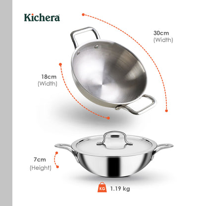 Kichera Triply Stainless Steel Kadai with Lid | Non Toxic Cookware | Best Cookware for Health | Induction & Gas Compatible