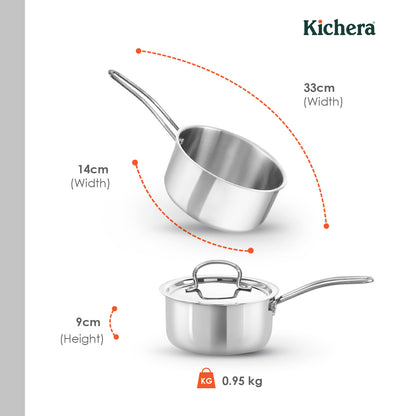 Triply Stainless Steel Saucepan with Lid | Kichera Natural Non Toxic Cookware | Even Heat & Health-Safe | Ideal for Milk, Tea & Sauces