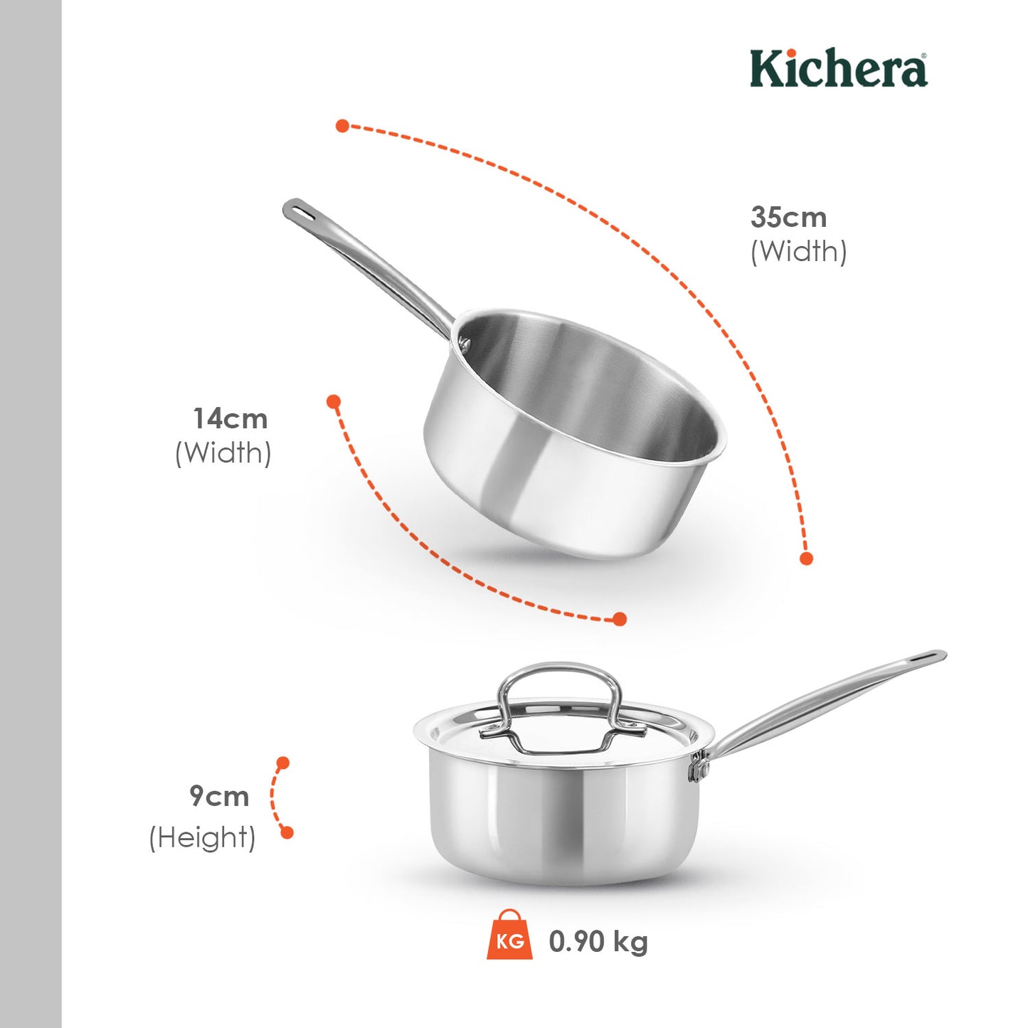 Triply Stainless Steel Saucepan Tube Handle with Lid | Kichera Natural Non Toxic Cookware | Even Heating | Safe for All Stoves